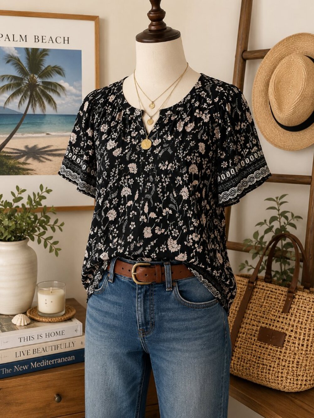 Lucky Brand Black Floral Boho Blouse Bell Sleeve Keyhole Top M - Picture 1 of 10